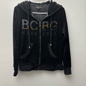 Vintage BCBGMaxazria Black Velour Bling Rhinestone Logo Jacket Sz M